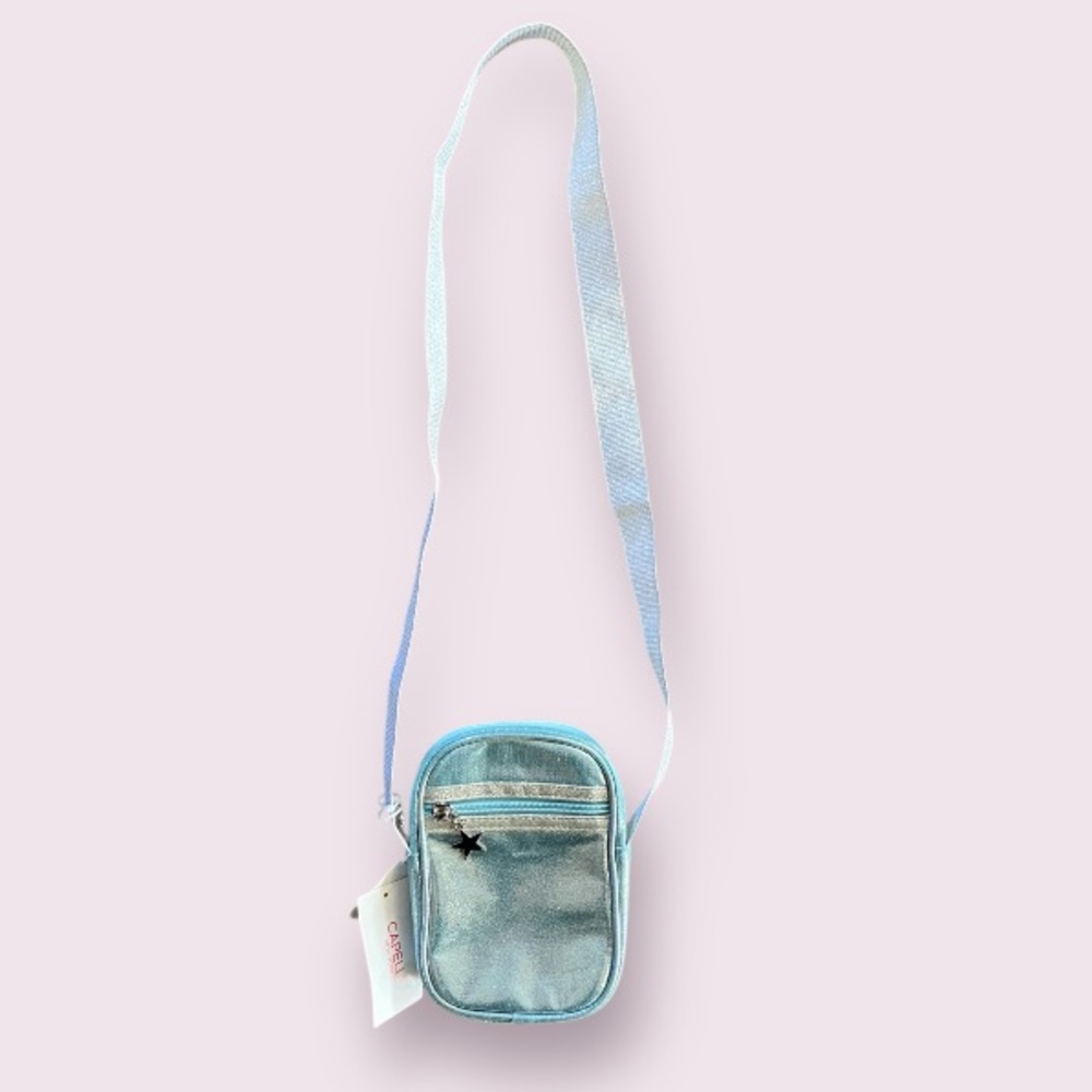 CAPELLI New York Baby Blue Metallic Phone Crossbody with a Glitter Strap